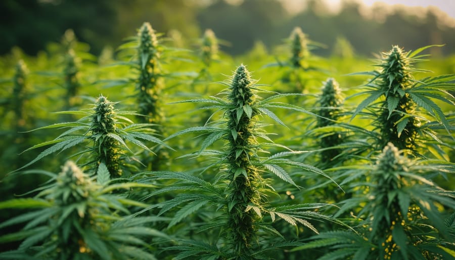 Healthy hemp plants growing outdoors in agricultural field with dark soil