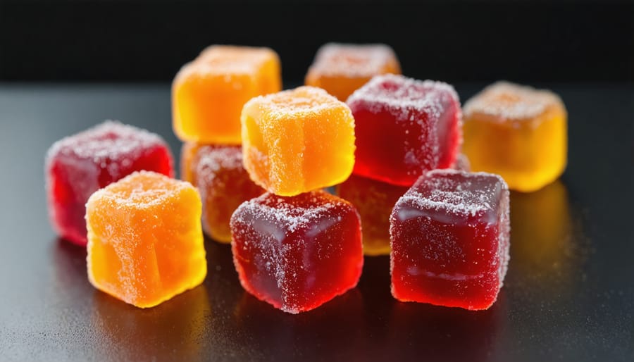 Hemp-derived Delta-9 THC gummies held up to natural light showing amber color
