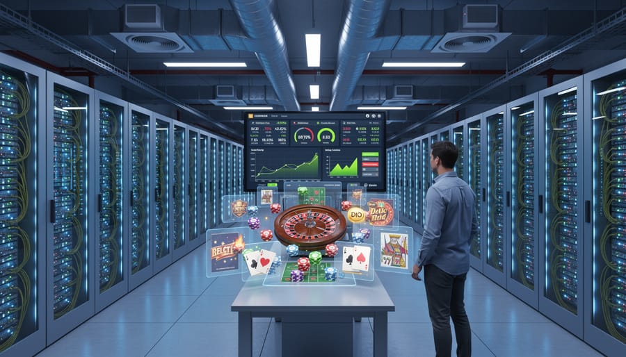 Interior view of data center server room with rows of illuminated equipment