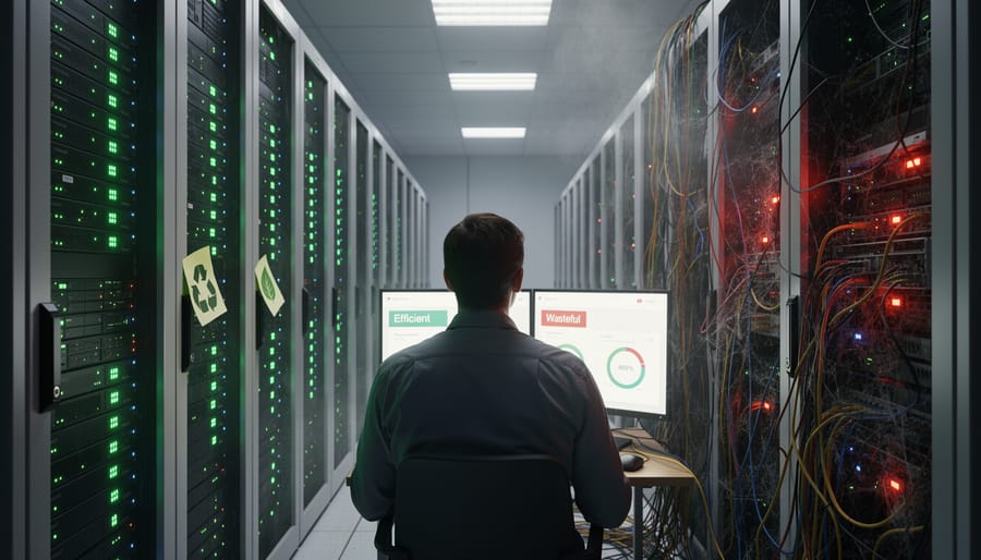 Tangled network of cables and servers in data center representing digital infrastructure waste