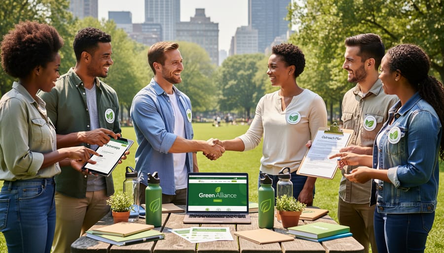 Group of environmental advocates collaborating at community garden representing authentic networking