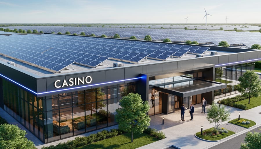 Solar panels installed on industrial building rooftop generating renewable energy