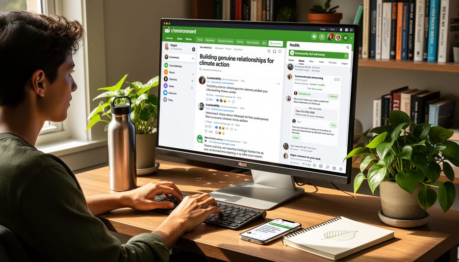 Group of environmental advocates in authentic discussion outdoors in forest setting