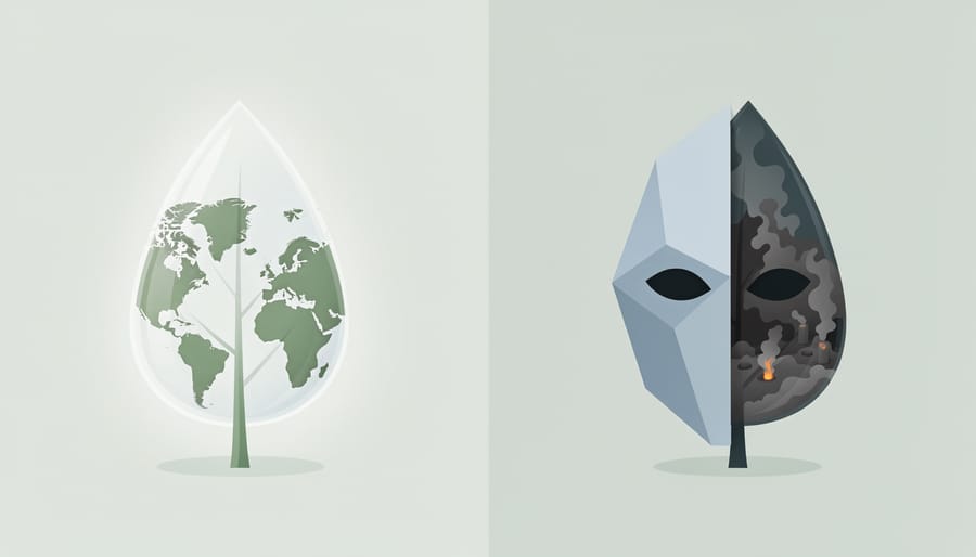 Broken mask next to green plant seedling growing through concrete symbolizing authenticity versus deception