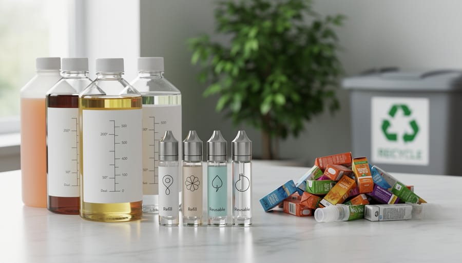 Hands refilling reusable glass vape bottle from bulk container at refill station