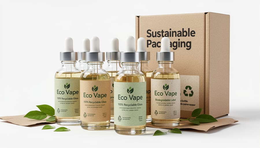 Sustainable glass vape juice bottle with natural packaging materials and green plants