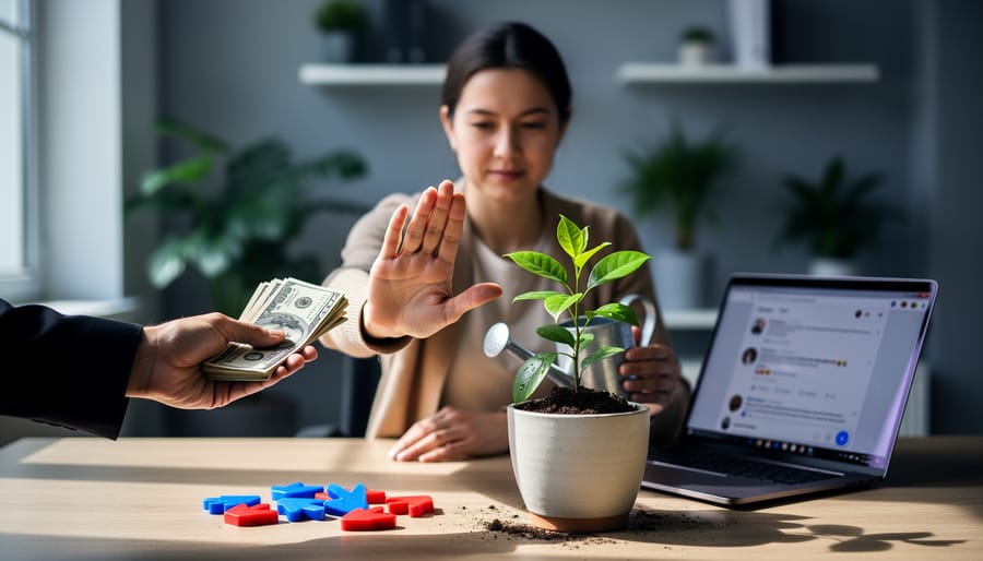 Environmental advocate at a desk turns away from cash and plastic upvote arrows while watering a small potted sapling beside an open laptop, in soft natural light with a blurred office background