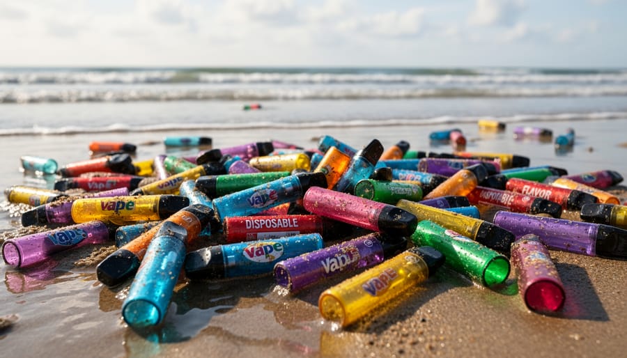 Scattered empty plastic vape juice bottles showing environmental waste problem