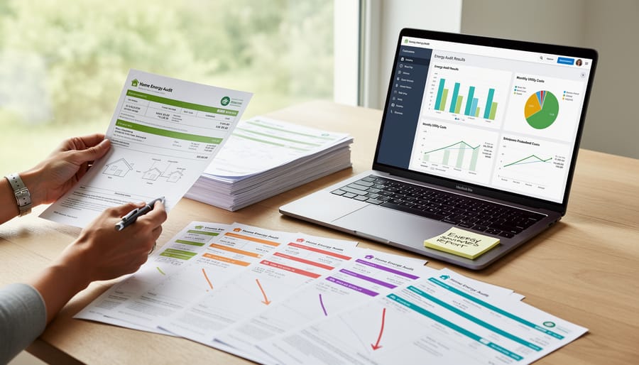 Homeowner reviewing energy audit documents and utility bills in kitchen