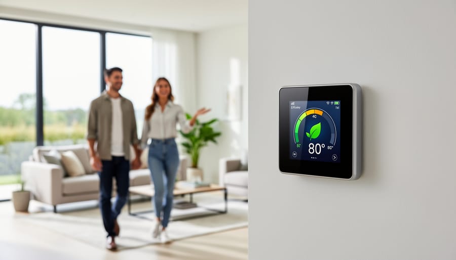 Modern smart thermostat mounted on wall in contemporary home interior