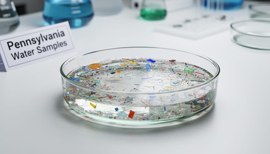 Magnified view of microplastic particles and fibers suspended in water sample