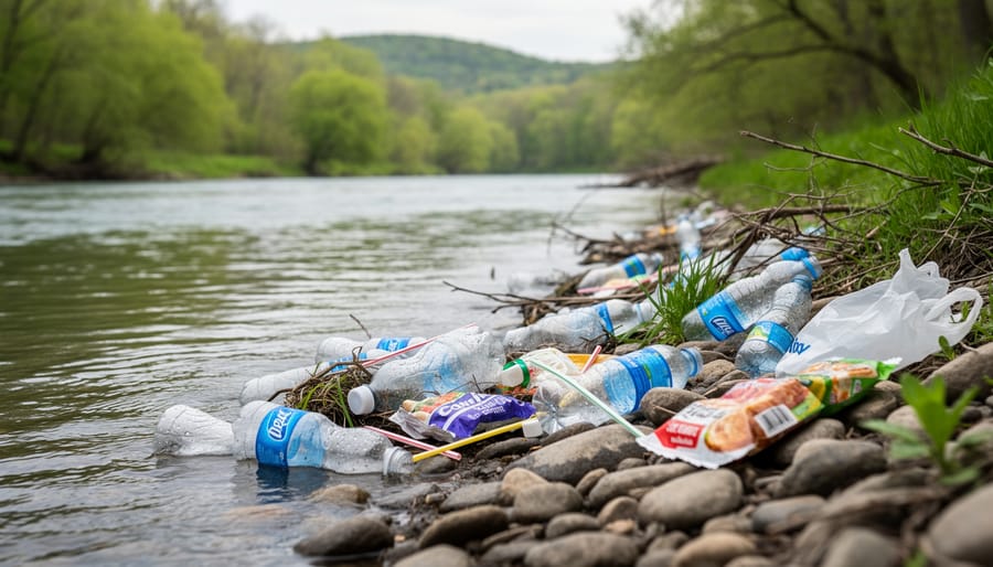 Plastic bottles and packaging debris scattered along a riverbank in Pennsylvania