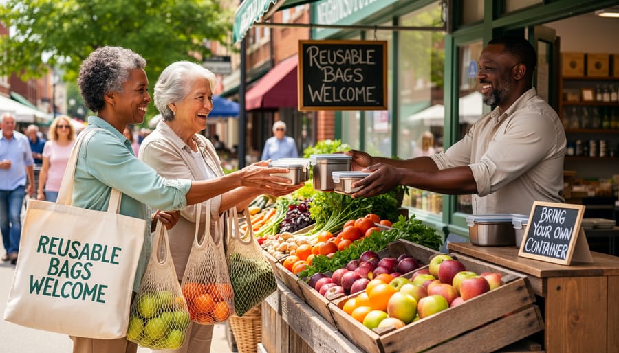 Family shopping with reusable bags and containers at Pennsylvania farmers market