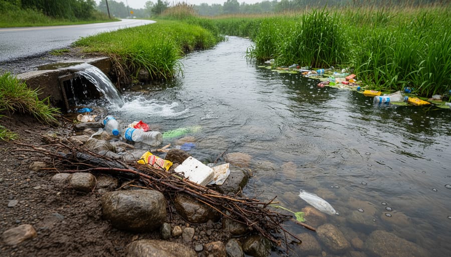 Plastic litter caught in reeds along a Pennsylvania creek edge