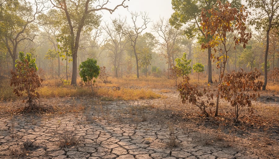 Ground-level view of a dry forest floor with sparse undergrowth under an overcast sky