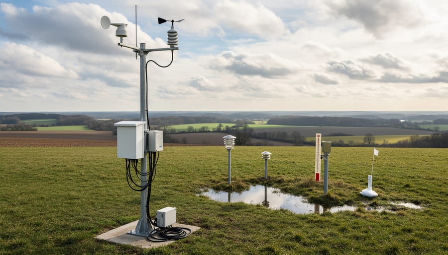 Weather scientist adjusting equipment at a ground-based meteorological station with sensor hardware visible