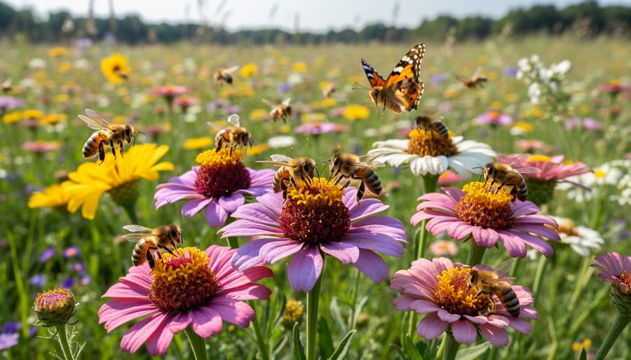 Close view of a honeybee landing on a wildflower in a grassy meadow