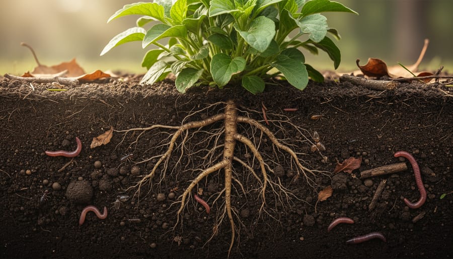 Macro view of dark, healthy garden soil with visible organic matter and plant roots