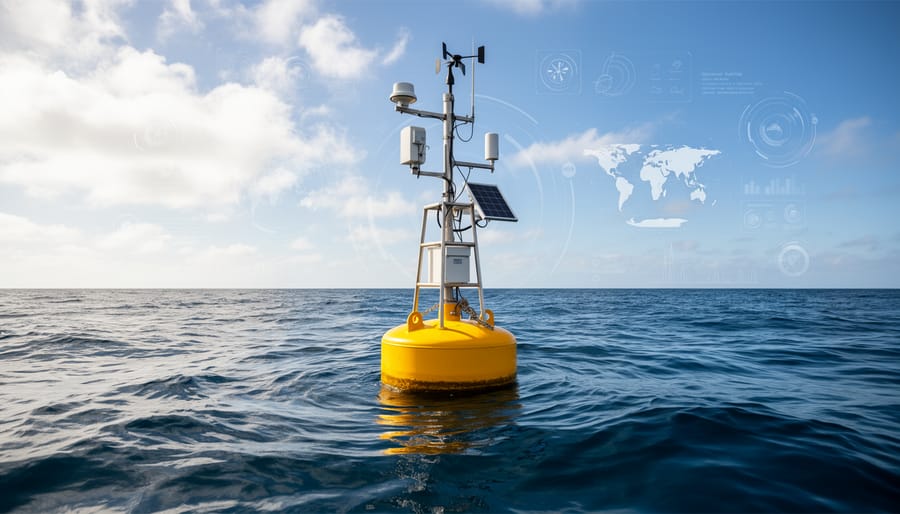 Ocean buoy with visible sensors moored on the water near a research vessel in the distance