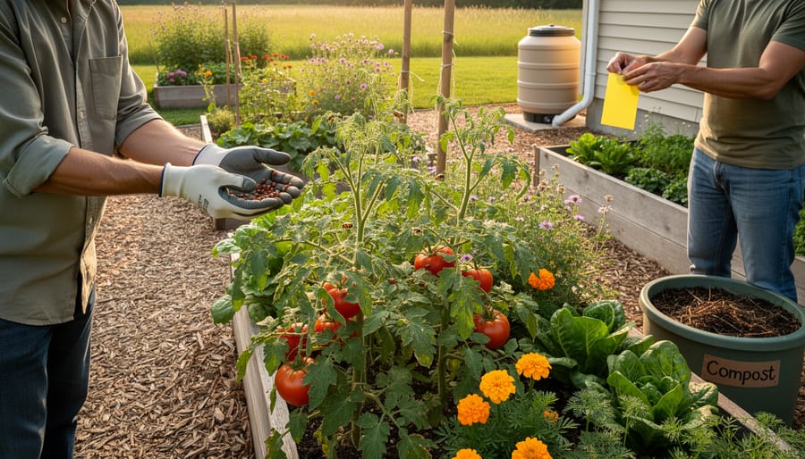 Gardener inspecting plants in a backyard garden bed while taking a careful, sustainable approach to pest control