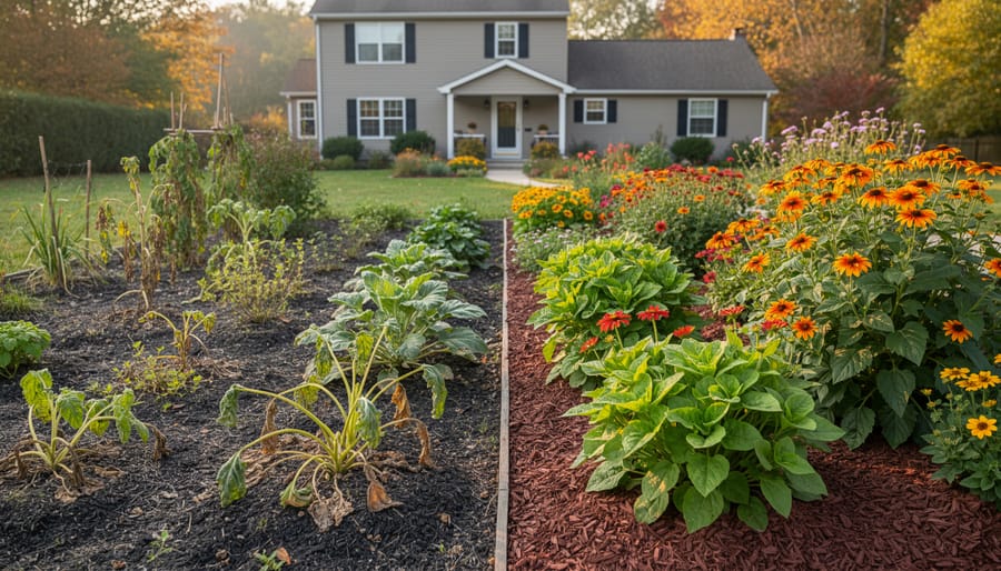 Gardener kneeling in a home garden bed with struggling flowering plant and seedlings in soil