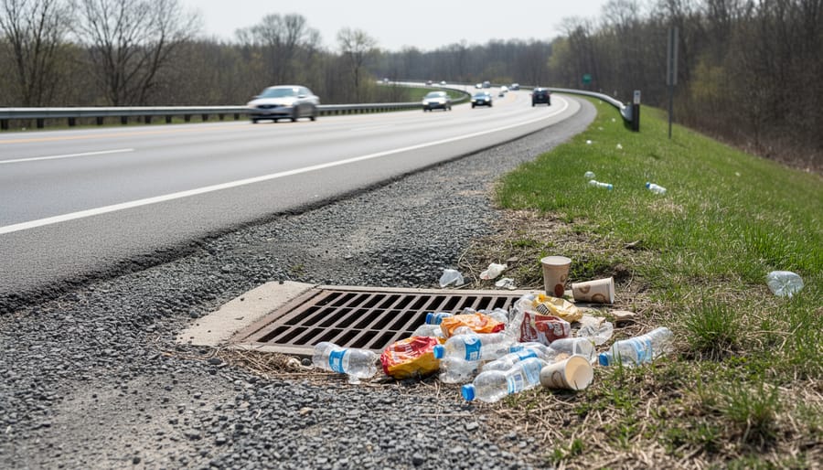 Roadside shoulder in Pennsylvania covered with plastic bottles, food wrappers, and cigarette butts
