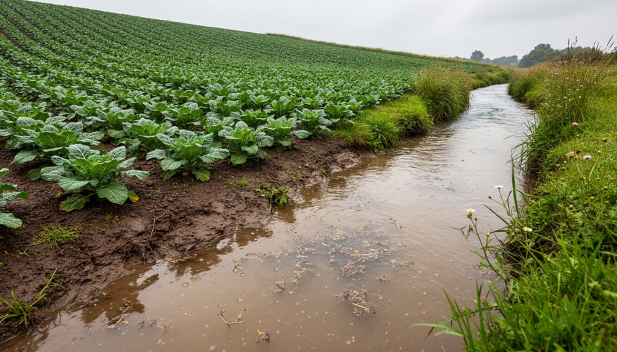 Rainy stream running along the edge of an agricultural field with wet rocks and muted green vegetation