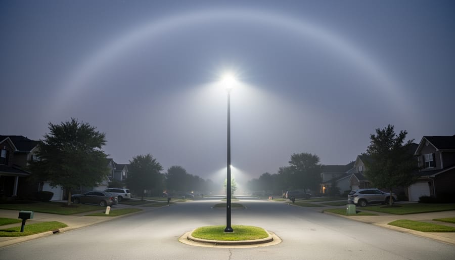 Warm streetlights casting bright light into a hazy night sky over a quiet residential street