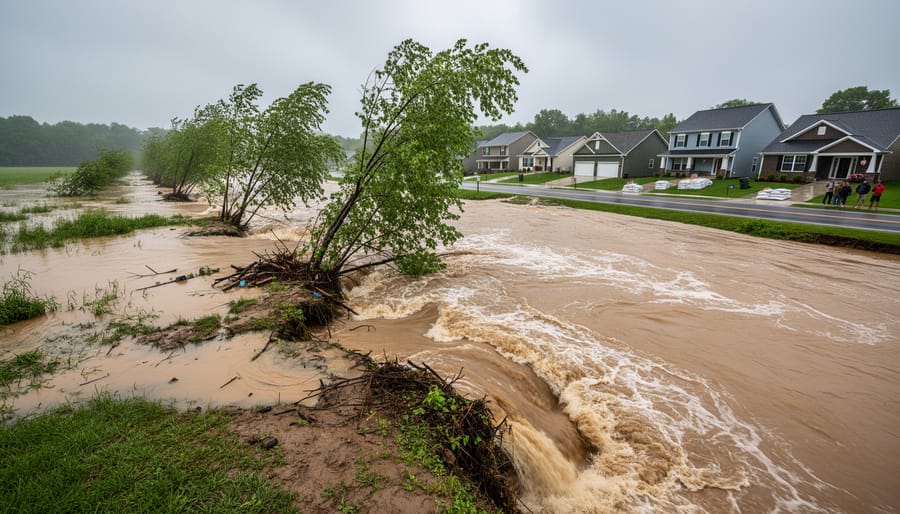 Stormy swollen river with muddy floodwater near the shoreline