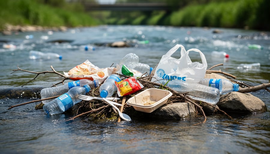 Close-up of plastic bottles partially submerged in a river with cloudy water reflections