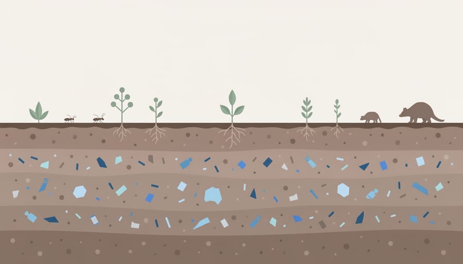 Close-up of tree branch and soil containing small plastic fragments