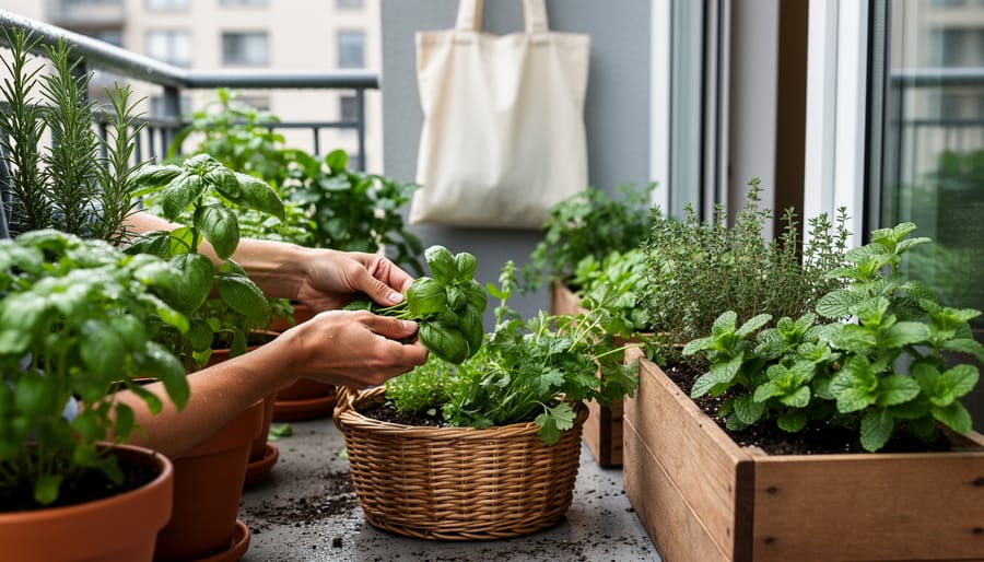 Fresh herbs growing in terracotta pots on a patio with golden sunlight