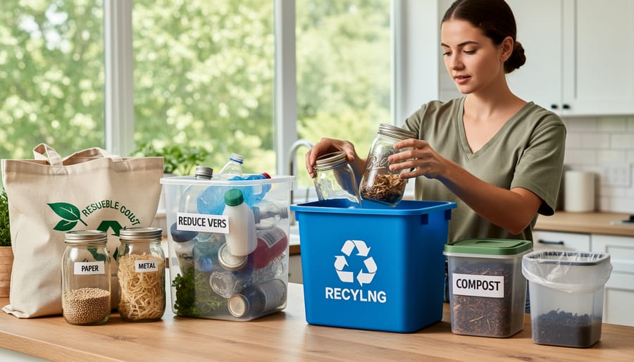 Hands placing a glass jar into a recycling bin in a bright kitchen