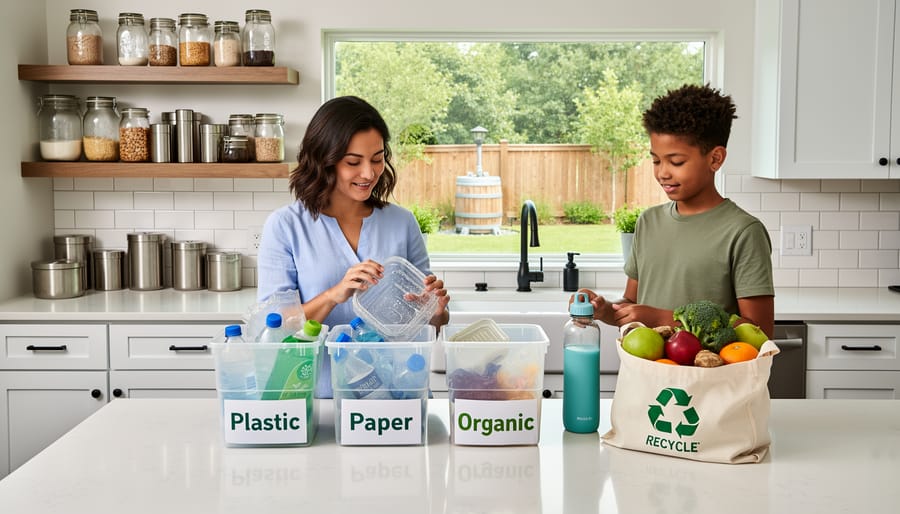 Hands sorting reusable items next to a recycling bin with plastic bottles in the background