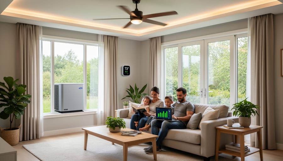 LED light fixture and thermostat in a bright living room with natural daylight