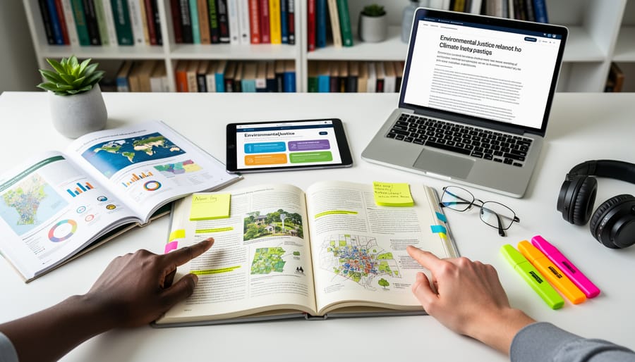 Open environmental justice journals on a wooden table with a magnifying glass and glasses nearby