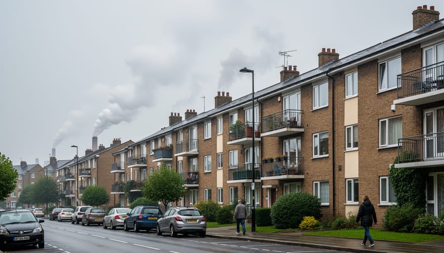 Overcast street view of an apartment building with faint chimney smoke releasing into the air