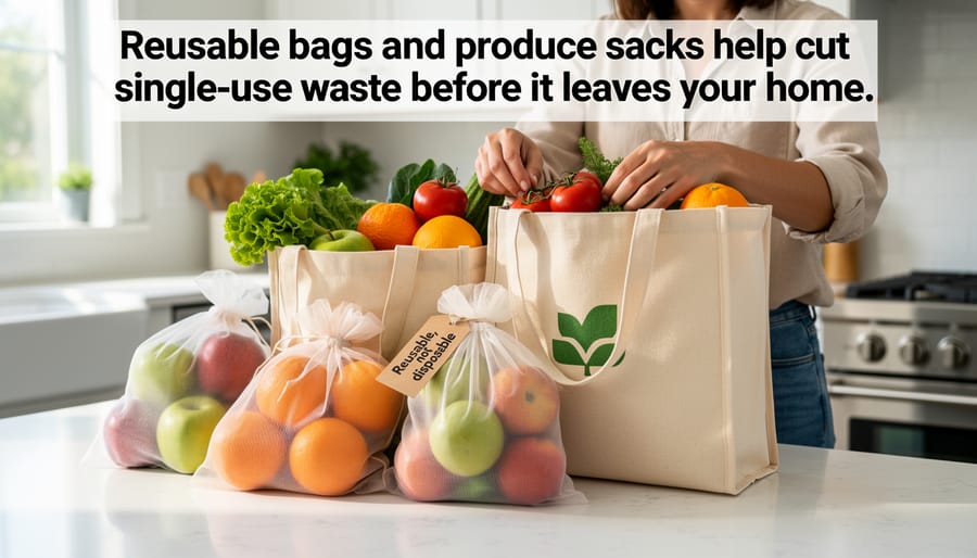 Person placing groceries into reusable shopping bags and produce bags from an open car trunk