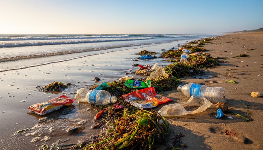 Plastic litter, including bags and wrappers, scattered along a rocky shoreline at low tide