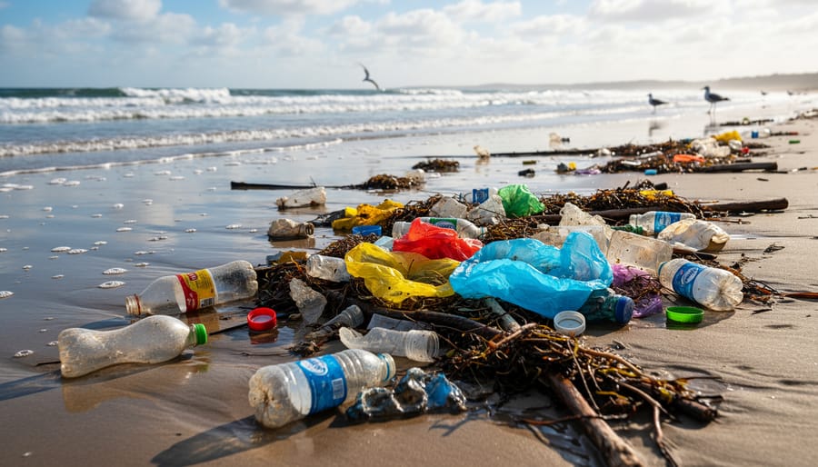 Plastic pollution scattered in wet sand along a rocky shoreline