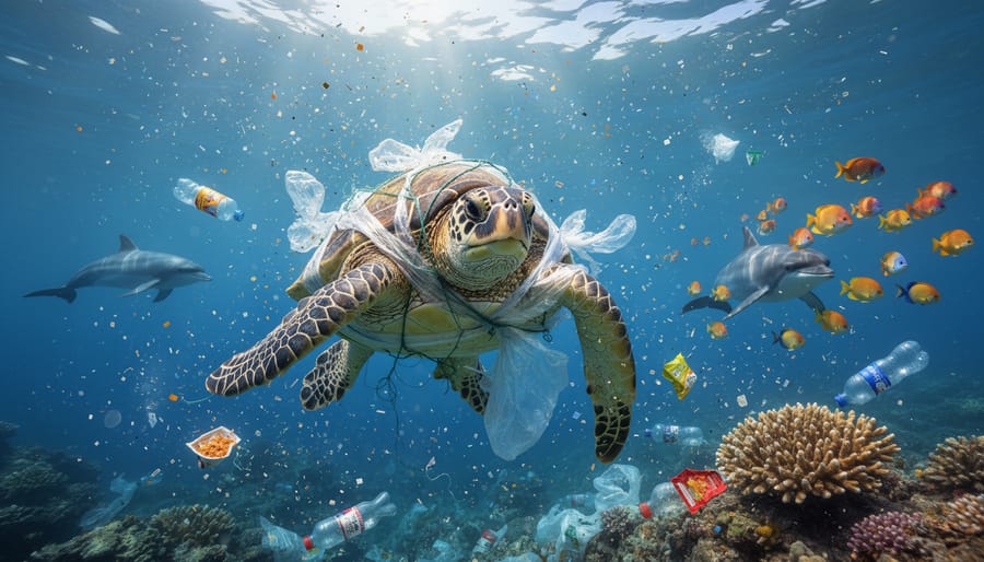 Sea turtle swimming near floating plastic debris underwater