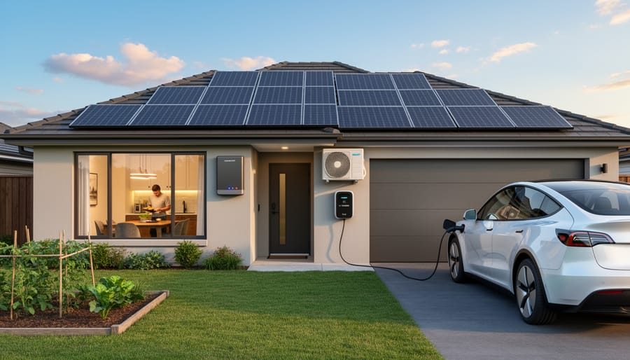 Solar panels and a small wind turbine installed on a rooftop with trees in the background