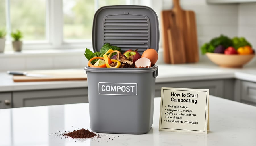 Vegetable and coffee scraps in a countertop compost caddy on a kitchen counter