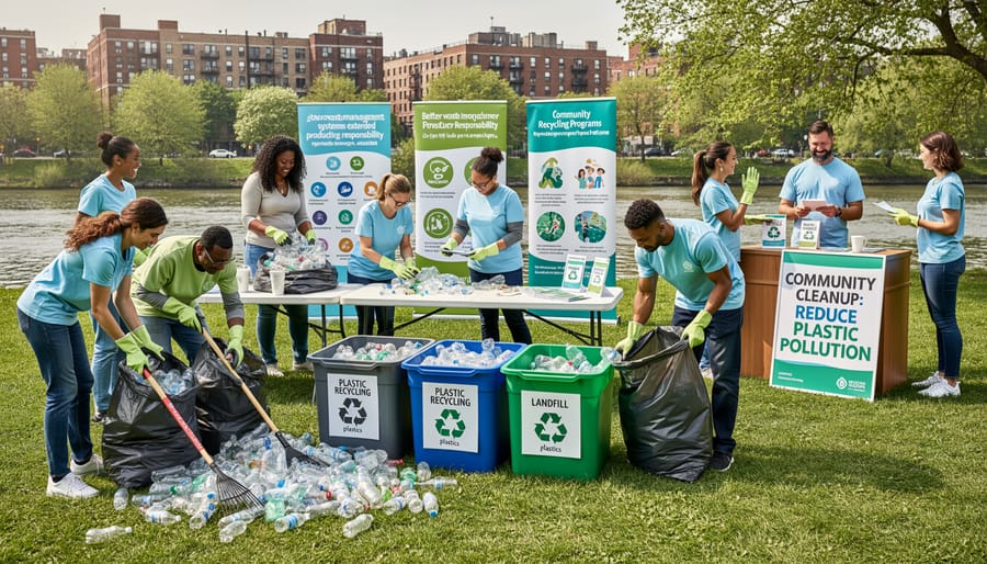 Volunteer collecting plastic debris from a riverbank during a community cleanup