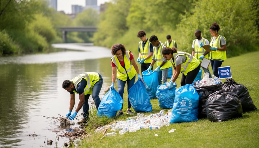 Volunteers participating in a community cleanup along a riverbank during golden hour