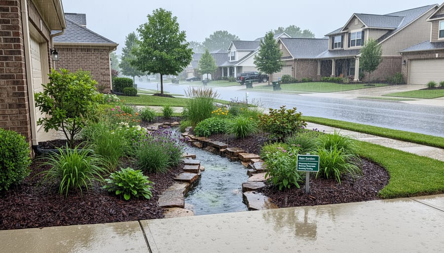 Wet rain garden basin with native plants absorbing stormwater next to a walkway