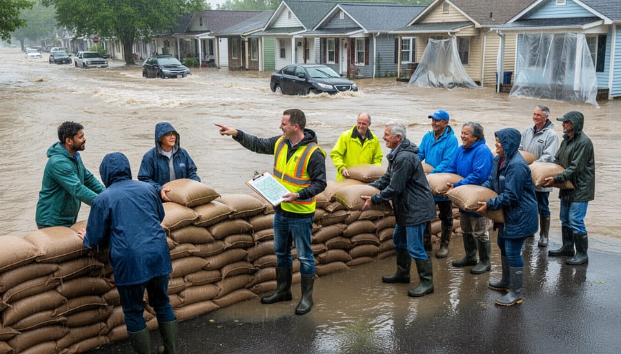 Volunteers placing sandbags on a wet street during light rain to help protect a neighborhood from flooding.