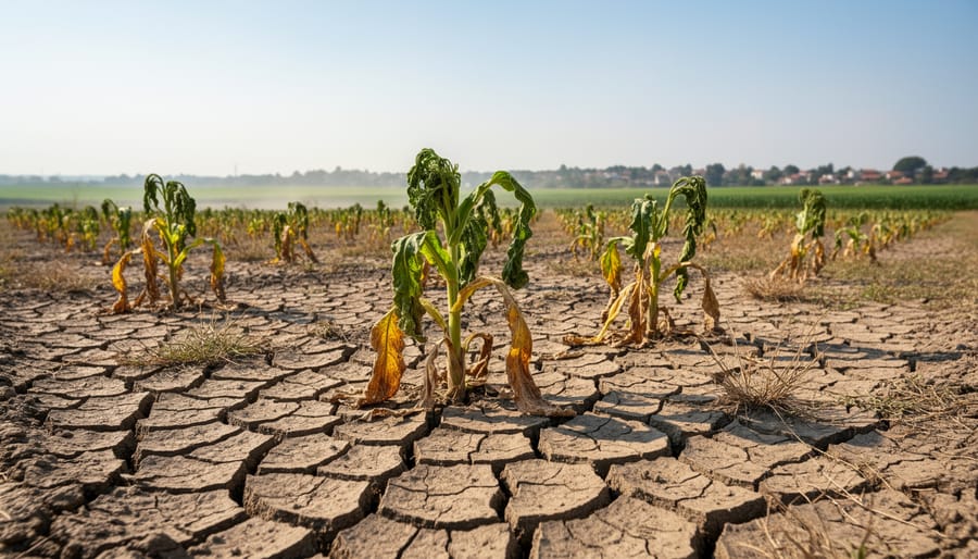 Dry cracked agricultural field with stressed green crops under warm golden hour sunlight.