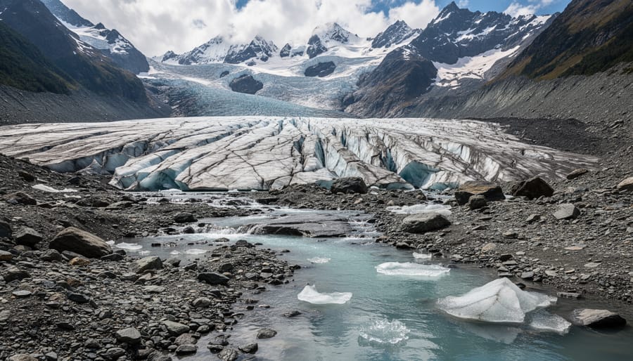 Melting glacier with blue ice cracks and small meltwater streams flowing over rock under an overcast sky.