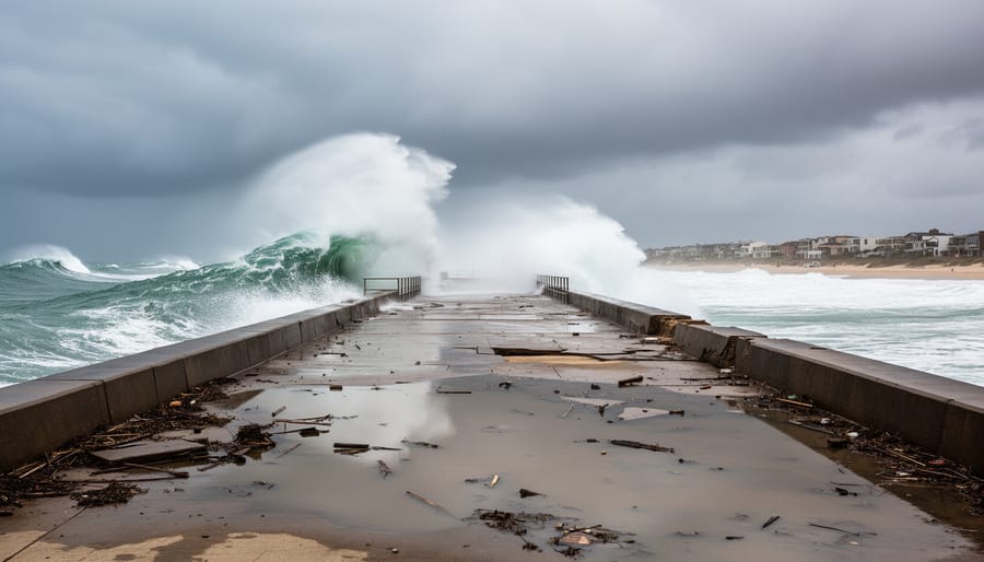 Surf splashing against a coastal seawall during high tide with wet sand and overcast lighting.